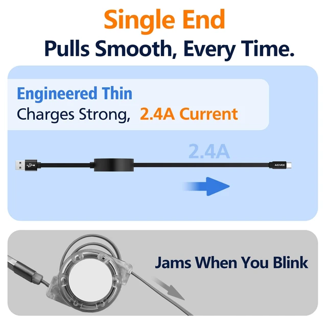 Alt view image 5 of 7 - 1.6ft Fixed / 2.3ft Extend Single-End Retractable USB C Cable | Desk-Mounted, Pocket Size, 3A Fast Type C Phone Charger for iPhone 17 16 15, Samsung S20 S10, Android, Cord Organizer