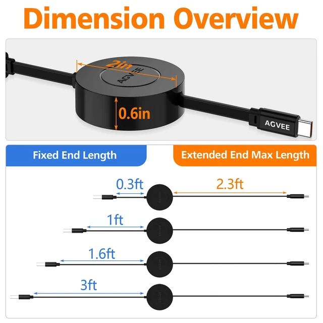 Alt view image 7 of 7 - 1.6ft Fixed / 2.3ft Extend Single-End Retractable USB C Cable | Desk-Mounted, Pocket Size, 3A Fast Type C Phone Charger for iPhone 17 16 15, Samsung S20 S10, Android, Cord Organizer