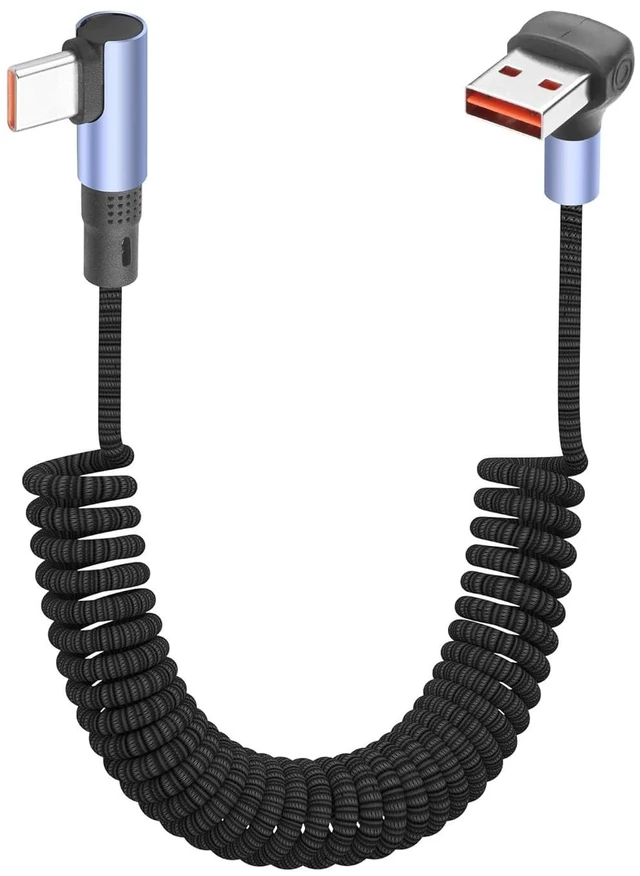 Main image of 100W Coiled USB A to USB C Cable,1.5m/4.9ft, Right Angle | Retractable, 90 Degree, 6A Fast Charging, Spiral Nylon Braided, For Phone/Laptop/Auto