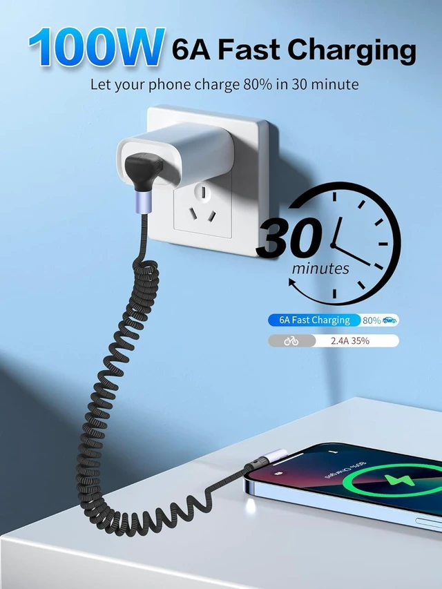 Alt view image 2 of 7 - 100W Coiled USB A to USB C Cable,1.5m/4.9ft, Right Angle | Retractable, 90 Degree, 6A Fast Charging, Spiral Nylon Braided, For Phone/Laptop/Auto