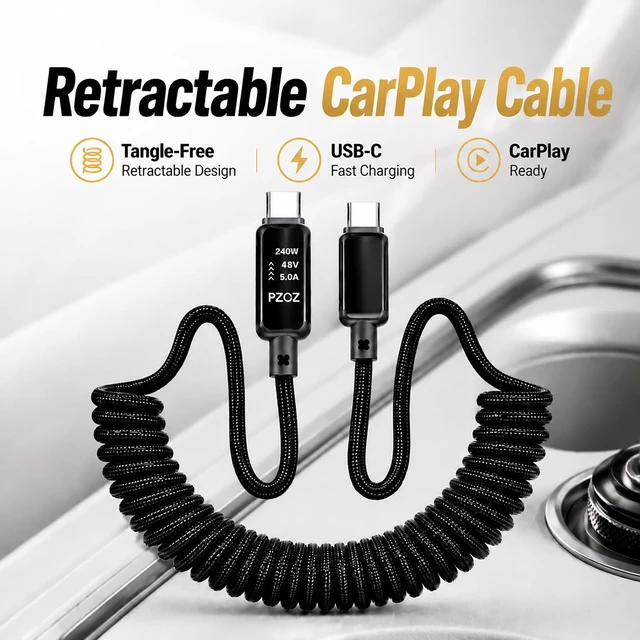 Alt view image 2 of 7 - 240W USB C Retractable Coiled Cable with LED Display, CarPlay Cable | Retractable USB C Charging Cord with LED Display, 240W Fast Charging CarPlay Cable for Clean & Organized Car Charging