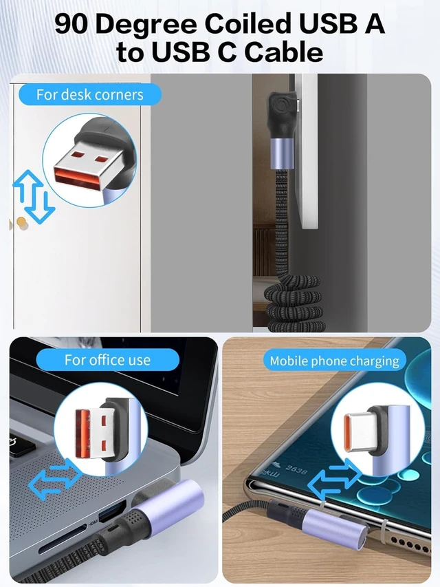 Alt view image 3 of 7 - 100W Coiled USB A to USB C Cable,1.5m/4.9ft, Right Angle | Retractable, 90 Degree, 6A Fast Charging, Spiral Nylon Braided, For Phone/Laptop/Auto