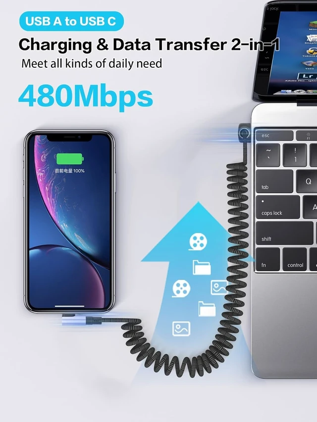 Alt view image 5 of 7 - 100W Coiled USB A to USB C Cable,1.5m/4.9ft, Right Angle | Retractable, 90 Degree, 6A Fast Charging, Spiral Nylon Braided, For Phone/Laptop/Auto