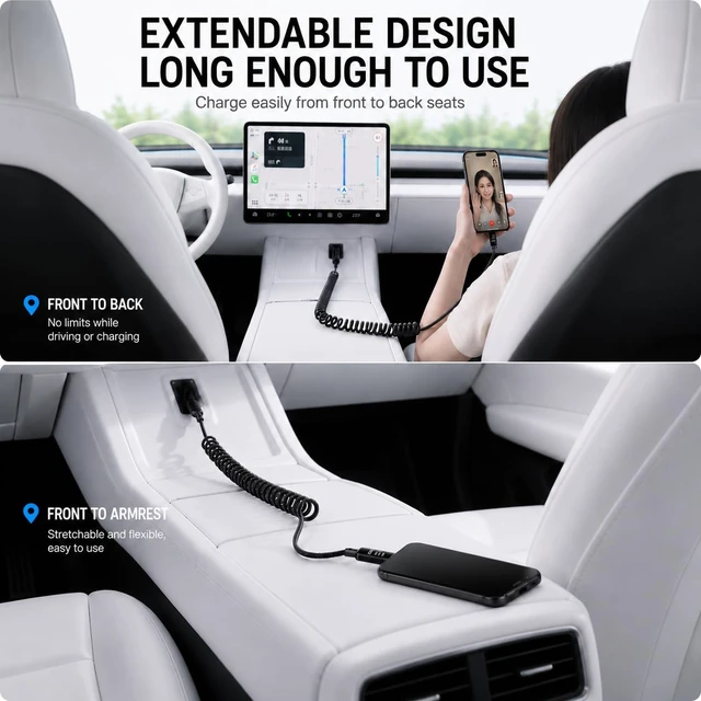 Alt view image 7 of 7 - 240W USB C Retractable Coiled Cable with LED Display, CarPlay Cable | Retractable USB C Charging Cord with LED Display, 240W Fast Charging CarPlay Cable for Clean & Organized Car Charging