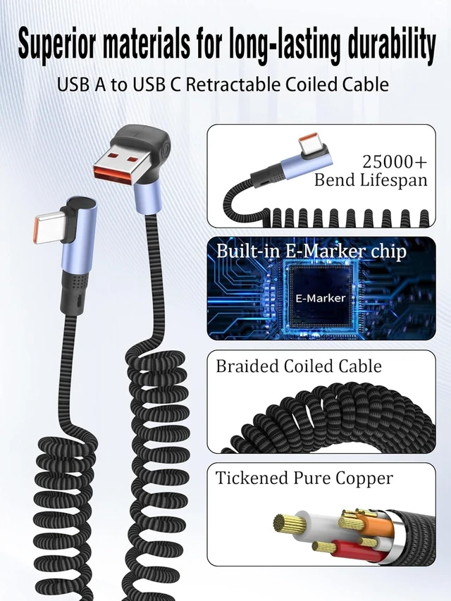 Alt view image 4 of 7 - 100W Coiled USB A to USB C Cable,1.5m/4.9ft, Right Angle | Retractable, 90 Degree, 6A Fast Charging, Spiral Nylon Braided, For Phone/Laptop/Auto