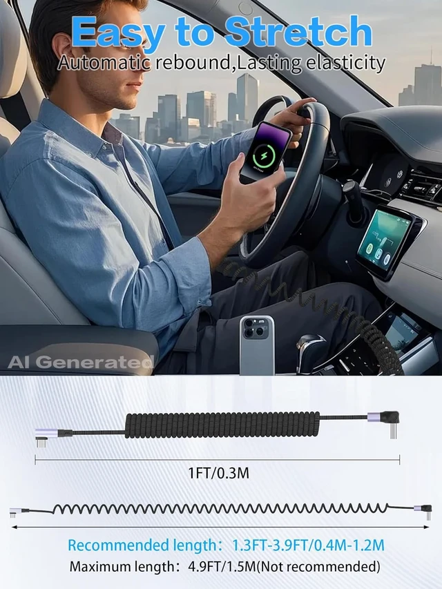 Alt view image 6 of 7 - 100W Coiled USB A to USB C Cable,1.5m/4.9ft, Right Angle | Retractable, 90 Degree, 6A Fast Charging, Spiral Nylon Braided, For Phone/Laptop/Auto