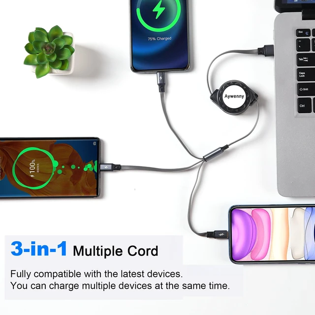 Alt view image 2 of 7 - USB C Splitter Multi Charging Cable,3 in 1 Fast Charging Cord,3.3Ft 3 Pack | QC 3.0 Sync Data Charger Cord,with 3 USB C Port Fits for iPhone18 17 16 15 Pro Max Plus, Pad, Galaxy S23 Tablets (Grey)