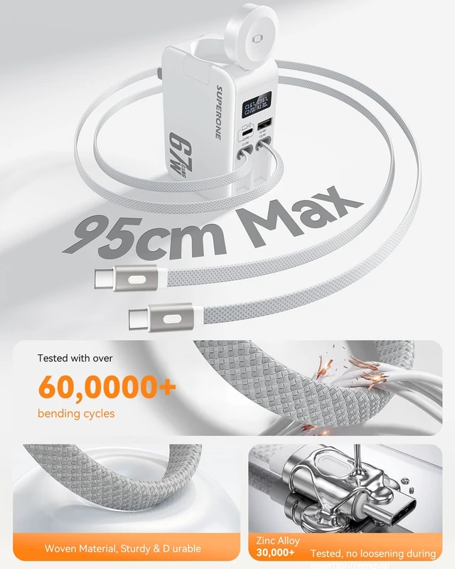 Alt view image 2 of 7 - 67W Fast Retractable USB C Charger with Dual Braided Cables | 5 in 1 Retractable Wall Charger, 4-Port Charger Block Travel Essentials for iPhone 17/16/15/14/13/12,iPad,Galaxy, iWatch