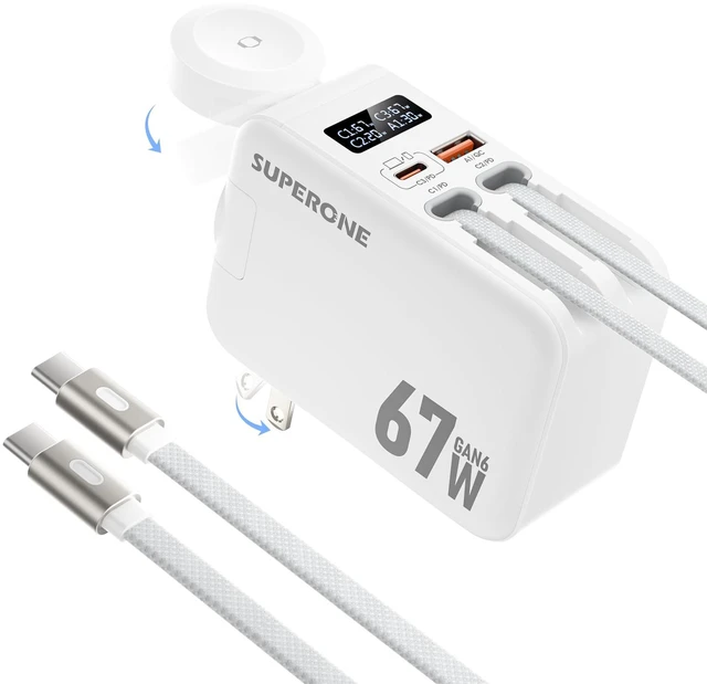 Main image of 67W Fast Retractable USB C Charger with Dual Braided Cables | 5 in 1 Retractable Wall Charger, 4-Port Charger Block Travel Essentials for iPhone 17/16/15/14/13/12,iPad,Galaxy, iWatch