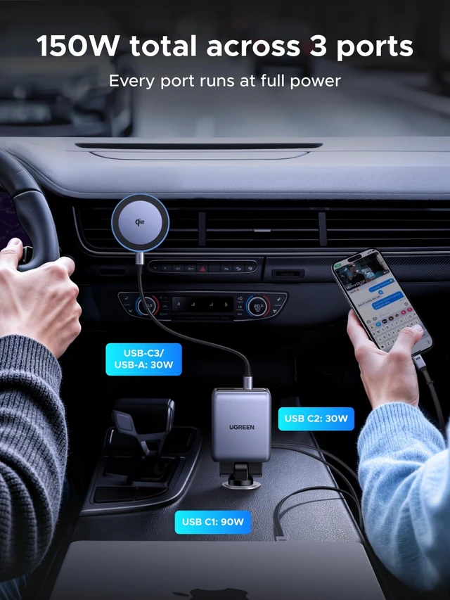 Alt view image 3 of 7 - 150W 4-Port Retractable Car Charger with 100W Retractable Cable | 3 USB-C 1 USB-A, For iPhone 18 Pro Max 18 Duo 17 16 15 14 13 12 series, Galaxy S26 S25 S24 Ultra, iPad, MacBook, and more