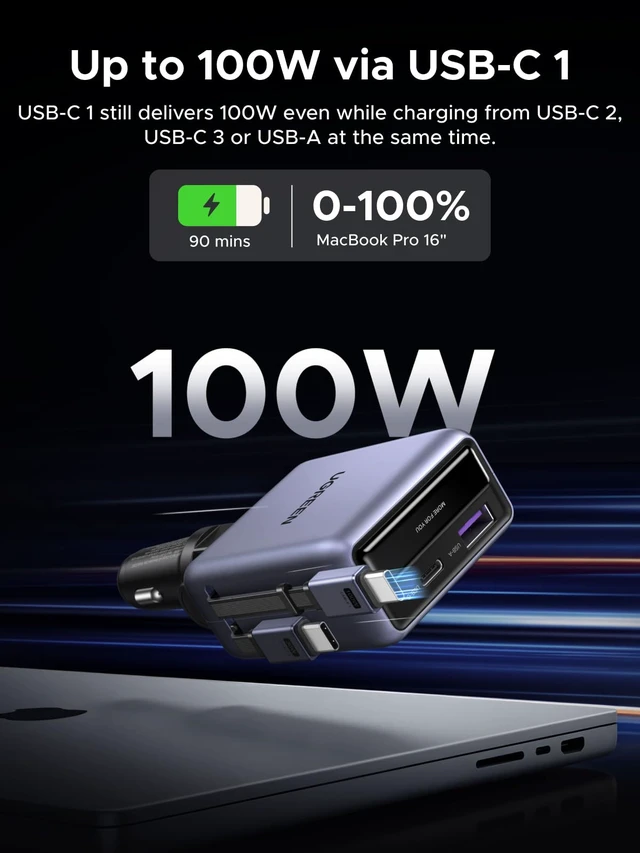 Alt view image 2 of 7 - 150W 4-Port Retractable Car Charger with 100W Retractable Cable | 3 USB-C 1 USB-A, For iPhone 18 Pro Max 18 Duo 17 16 15 14 13 12 series, Galaxy S26 S25 S24 Ultra, iPad, MacBook, and more