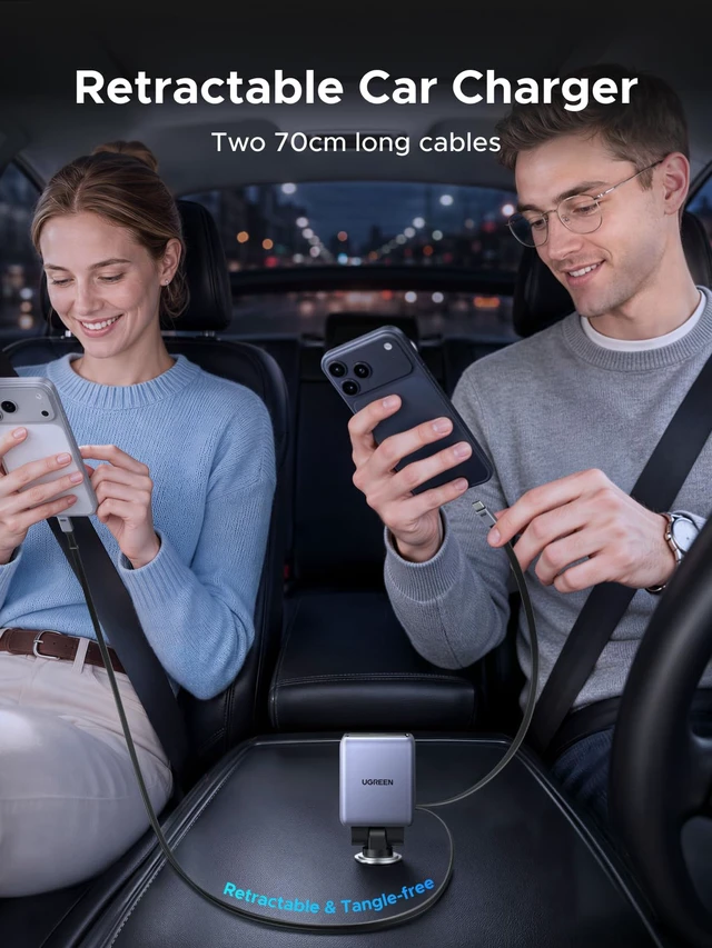 Alt view image 4 of 7 - 150W 4-Port Retractable Car Charger with 100W Retractable Cable | 3 USB-C 1 USB-A, For iPhone 18 Pro Max 18 Duo 17 16 15 14 13 12 series, Galaxy S26 S25 S24 Ultra, iPad, MacBook, and more