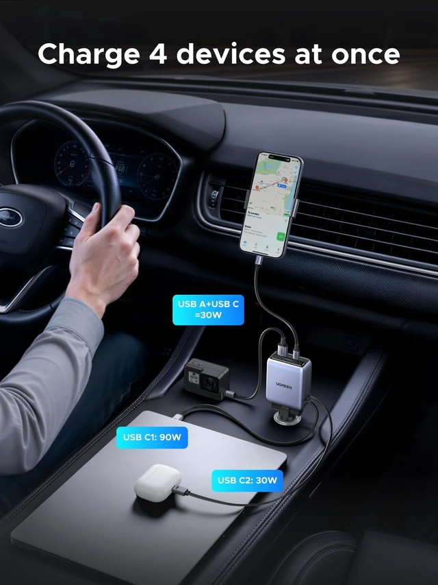 Alt view image 6 of 7 - 150W 4-Port Retractable Car Charger with 100W Retractable Cable | 3 USB-C 1 USB-A, For iPhone 18 Pro Max 18 Duo 17 16 15 14 13 12 series, Galaxy S26 S25 S24 Ultra, iPad, MacBook, and more