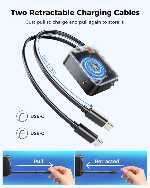 Alt view image 2 of 7 - 62W Retractable Wall Charger with Dual USB C Cables | 3-Port USB C Charger Block, 35W Phone Chargers Fast Charging for iPhone 17/16/15 Series, Pad, Tablet, LG, Samsung and More