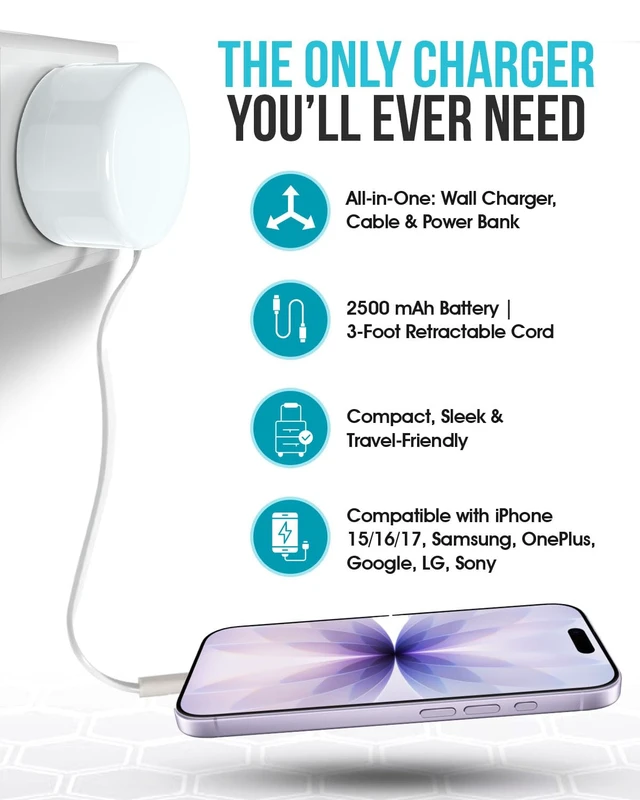 Alt view image 3 of 7 - 4-in-1 USB-C Retractable Cable Wall Charger & Power Bank, Fast Charging for iPhone Air/17/17 Plus/17 Pro/17 Pro Max/16/16 Pro Max/15/15 Pro Max/iPad Pro, Samsung, OnePlus, LG, Google, Sony