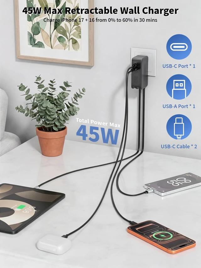 Alt view image 2 of 7 - Retractable USB C Charger,45W iPhone Charger Fast Charging,4in1 Foldable Charger Plug Block Dual Type C Cable Cord for iPhone 17E/17 ProMax/17/16e/16/15,Samsung Galaxy S26Ultra/S26/S25/S24/S23,Android