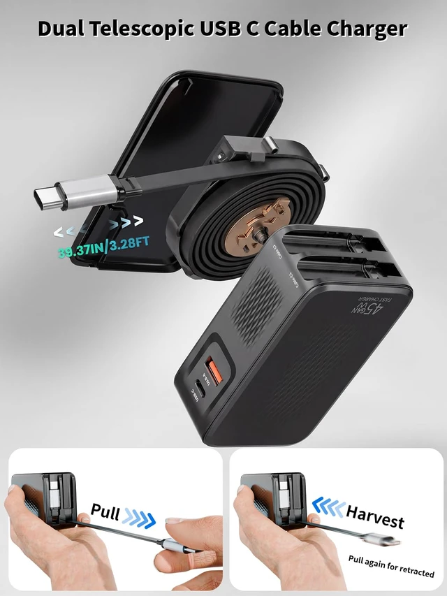 Alt view image 3 of 7 - Retractable USB C Charger,45W iPhone Charger Fast Charging,4in1 Foldable Charger Plug Block Dual Type C Cable Cord for iPhone 17E/17 ProMax/17/16e/16/15,Samsung Galaxy S26Ultra/S26/S25/S24/S23,Android