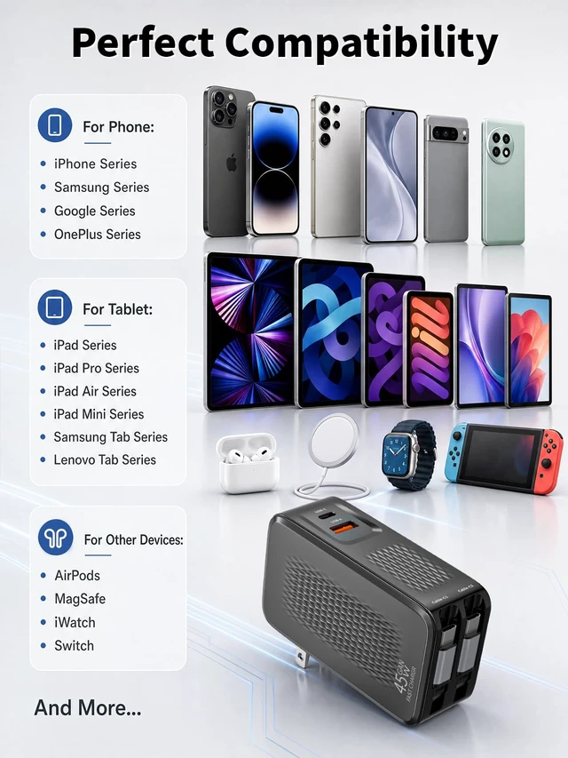 Alt view image 7 of 7 - Retractable USB C Charger,45W iPhone Charger Fast Charging,4in1 Foldable Charger Plug Block Dual Type C Cable Cord for iPhone 17E/17 ProMax/17/16e/16/15,Samsung Galaxy S26Ultra/S26/S25/S24/S23,Android
