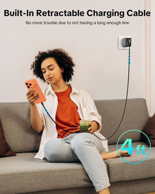 Alt view image 2 of 7 - Retractable Phone Charger with USB C Cable for iPhone17/16/15 | 47.2in 45W C-type dual port gan charger, suitable for fast charging of iPhone, wall charger for GalaxyS26/iPad/Airpods