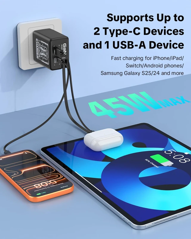 Alt view image 5 of 7 - Retractable Phone Charger with USB C Cable for iPhone17/16/15 | 47.2in 45W C-type dual port gan charger, suitable for fast charging of iPhone, wall charger for GalaxyS26/iPad/Airpods