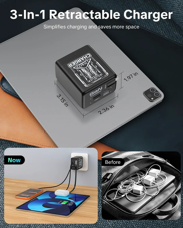 Alt view image 6 of 7 - Retractable Phone Charger with USB C Cable for iPhone17/16/15 | 47.2in 45W C-type dual port gan charger, suitable for fast charging of iPhone, wall charger for GalaxyS26/iPad/Airpods