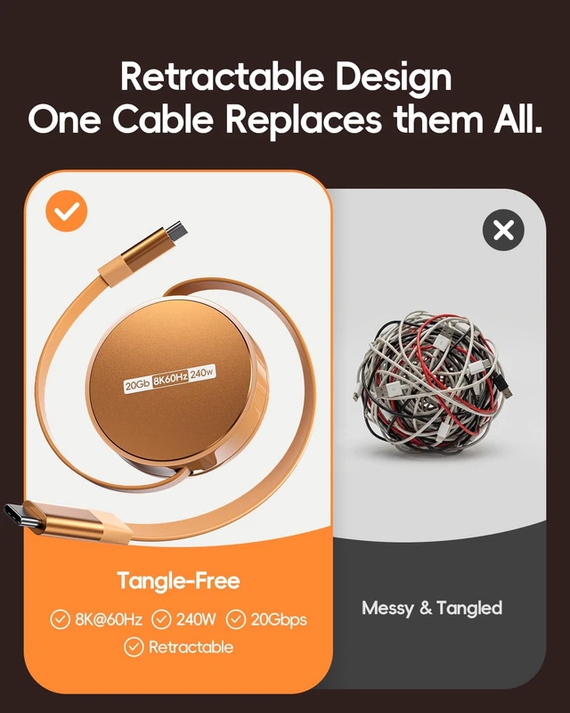 Alt view image 3 of 7 - Retractable USB C to USB C Cable, USB 4 Cable with PD 240W, 20Gbps, 8K60Hz | PULWTOP Full-Featured USB-C Cord for iPhone16/17, MacBook, Laptop, iPad, Monitor and More, 3.3FT, Orange