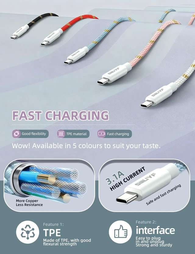Alt view image 2 of 7 - USB C Cable 10FT 2Pack,3A Fast Charging USB A to USB C Nylon Braided Type C | USB to USB C Cable Durable Cord for iPhone 17/16/15/Pro Max, Samsung Galaxy S26,CarPlay Cable and More
