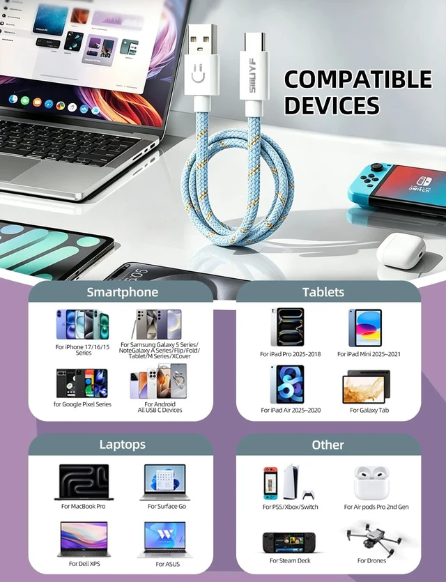 Alt view image 3 of 7 - USB C Cable 10FT 2Pack,3A Fast Charging USB A to USB C Nylon Braided Type C | USB to USB C Cable Durable Cord for iPhone 17/16/15/Pro Max, Samsung Galaxy S26,CarPlay Cable and More