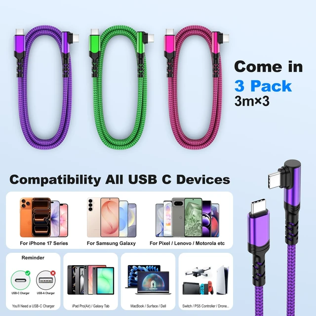 Alt view image 7 of 7 - 10ft USB C Cable Fast Charging,3 Pack 60W(3A) USB C Charger Cable | Long Type C Fast Charging Cable Nylon Braided USBC Charger Cord for MacBook,iPad,iPhone 17 16 15 Pro Max,Galaxy S26/S25,Pixel