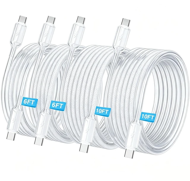 Main image of USB C to USB C Cable, PD 60W Fast Charging Cord (4Pack, 6/6/10/10ft,) | Nylon braided Type C cord, wipeable PVC film, 25000+ bends, for iPhone Duo/18 Pro Max/17/16/15, Samsung S26/S25, MacBook/iPad