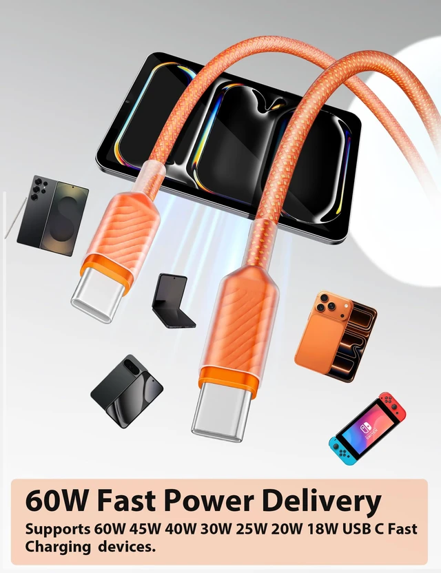Alt view image 2 of 7 - USB C Cable Fast Charging 6FT 60W 45W 40W 30W 25W 3A for iPhone 18 Pro Max 17 Air 16 Plus 16e 15 Nylon Braided USB Type C PD Charge Cord for Galaxy S25 FE S24 S23 A17 for iPad A16 Pixel 11 10a School