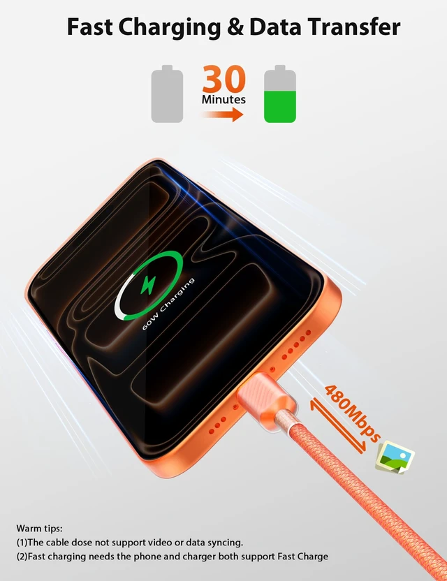 Alt view image 3 of 7 - USB C Cable Fast Charging 6FT 60W 45W 40W 30W 25W 3A for iPhone 18 Pro Max 17 Air 16 Plus 16e 15 Nylon Braided USB Type C PD Charge Cord for Galaxy S25 FE S24 S23 A17 for iPad A16 Pixel 11 10a School
