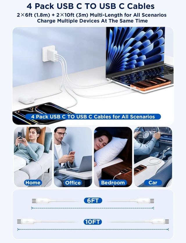 Alt view image 4 of 7 - USB C to USB C Cable, PD 60W Fast Charging Cord (4Pack, 6/6/10/10ft,) | Nylon braided Type C cord, wipeable PVC film, 25000+ bends, for iPhone Duo/18 Pro Max/17/16/15, Samsung S26/S25, MacBook/iPad