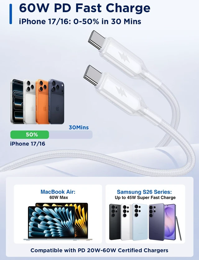 Alt view image 6 of 7 - USB C to USB C Cable, PD 60W Fast Charging Cord (4Pack, 6/6/10/10ft,) | Nylon braided Type C cord, wipeable PVC film, 25000+ bends, for iPhone Duo/18 Pro Max/17/16/15, Samsung S26/S25, MacBook/iPad