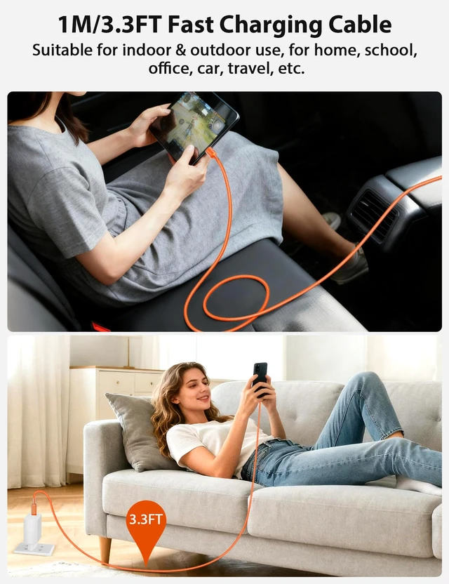 Alt view image 7 of 7 - USB C Cable Fast Charging 6FT 60W 45W 40W 30W 25W 3A for iPhone 18 Pro Max 17 Air 16 Plus 16e 15 Nylon Braided USB Type C PD Charge Cord for Galaxy S25 FE S24 S23 A17 for iPad A16 Pixel 11 10a School