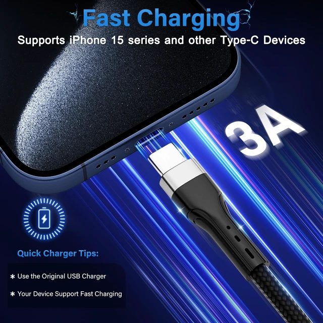 Alt view image 2 of 7 - USB Type C Cable (4FT, 10 Pack), USB C to USB-C 3A Fast Charging Cord, Bulk | Braided, Multipack, Compatible with iPhone 17 16 15, Samsung Galaxy S26 S25 S24, LG, Pixel, PS5, CarPlay, Not for Video