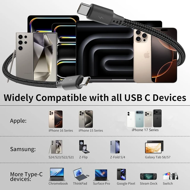 Alt view image 7 of 7 - 1.5FT USB C to USB C Cable, 3Pack Type C Charger Cord for iPhone 17/16/15 3A Fast Charging, MFI Certified, Nylon Braided, 1.5 Foot CarPlay Cord for iPhone 17/16/15, iPad Air/Pro, Galaxy S26/S25, Moto