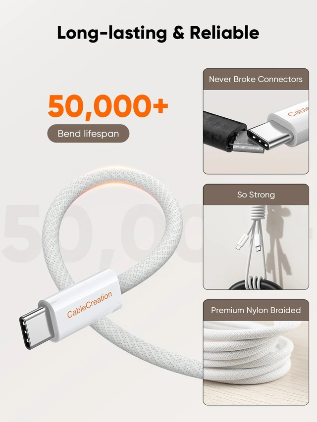 Alt view image 2 of 7 - USB C to USB C Cable 3.3FT, 60W, 5Pack, Type C Charger Cord | Nylon Braided Fast Charge for iPhone 15 Pro Max Plus, Galaxy S24, Pixel 8/7/6+, MacBooks, XPS, iPad Pro/Mini 6/Air, White