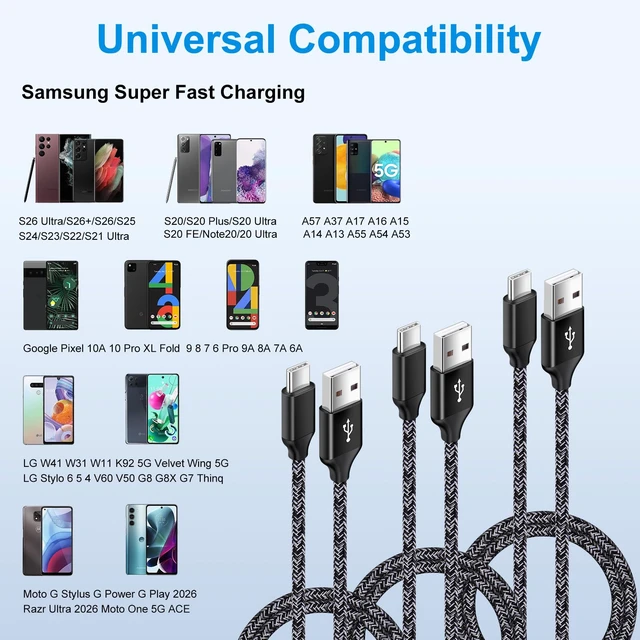 Alt view image 7 of 7 - Samsung Charging Cord USB C Cable for Galaxy S26 Ultra S26+ S26 S25 | 3Pack Braided USB A to Type C 3A Charger Cord Fast Charging for iPhone 17 16 15 Pro Max