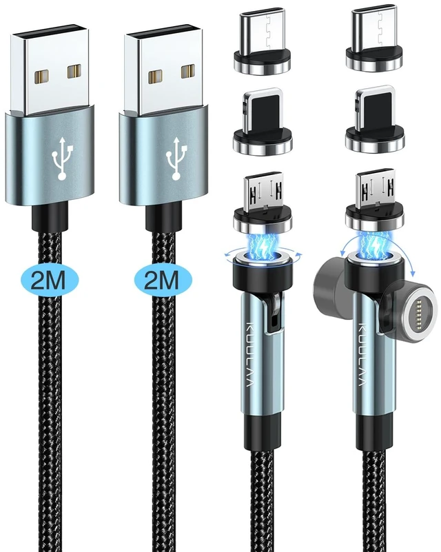 Main image of 6FT 540 Rotating 3 in 1 Magnetic Phone Charger Cable, 3A Fast Charge, 480Mbps Data Transfer, Nylon-Braided Cords for Micro USB/Type C/iPhone