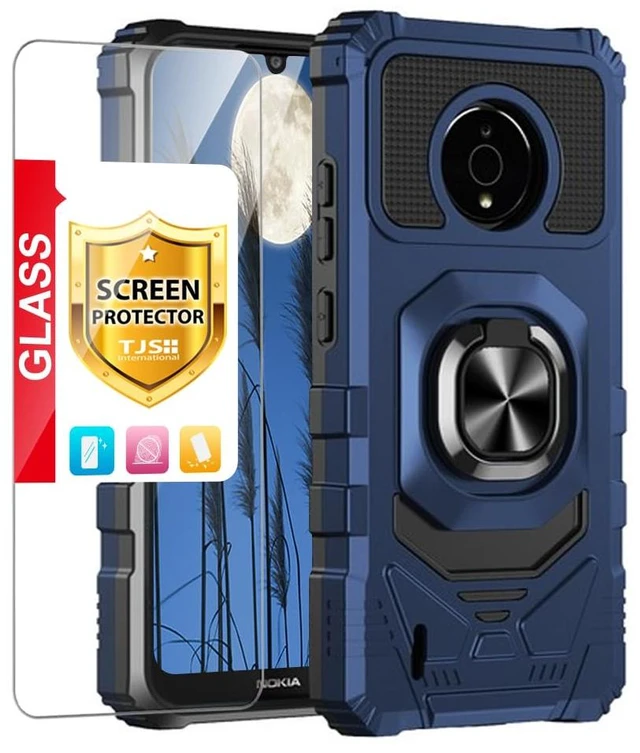 Main image of Compatible for Nokia C200 (N151DL) Phone Case (Blue) | with Tempered Glass Screen Protector Metal Ring Magnetic Support Kickstand Heavy Duty Drop Protector Phone Case Cover