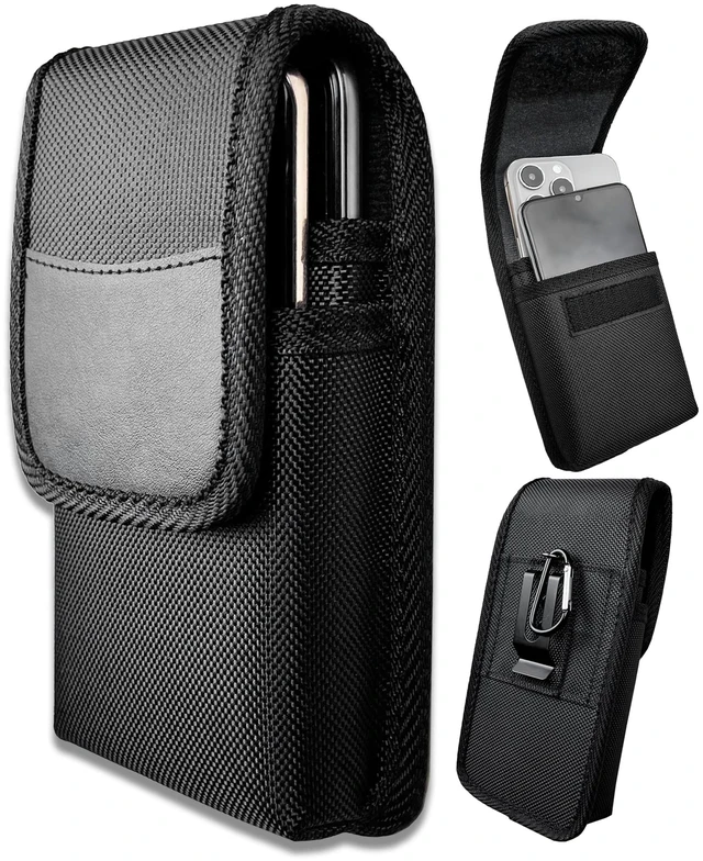 Main image of Dual Phone Holder, Heavy-Duty Two Phone Holster, Double Phone Case with Sturdy Reinforced Belt Clip Waist Pouch for iPhone/Samsung Galaxy/Moto/Google Pixel Smartphones, Hook & Loop Closure-Black