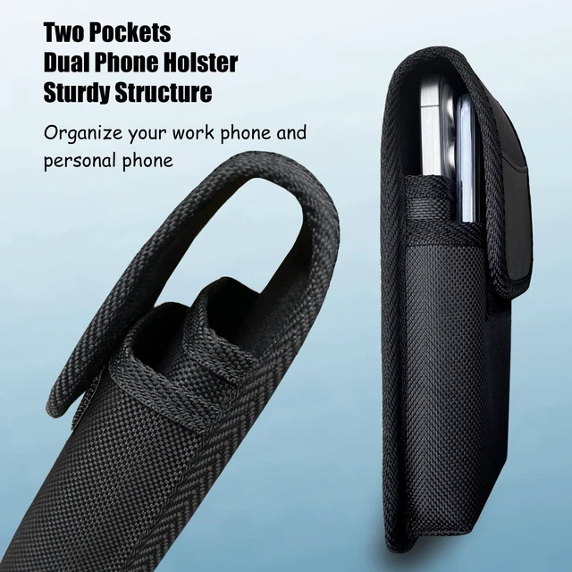 Alt view image 3 of 7 - Dual Phone Holder, Heavy-Duty Two Phone Holster, Double Phone Case with Sturdy Reinforced Belt Clip Waist Pouch for iPhone/Samsung Galaxy/Moto/Google Pixel Smartphones, Hook & Loop Closure-Black