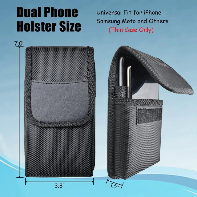 Alt view image 2 of 7 - Dual Phone Holder, Heavy-Duty Two Phone Holster, Double Phone Case with Sturdy Reinforced Belt Clip Waist Pouch for iPhone/Samsung Galaxy/Moto/Google Pixel Smartphones, Hook & Loop Closure-Black