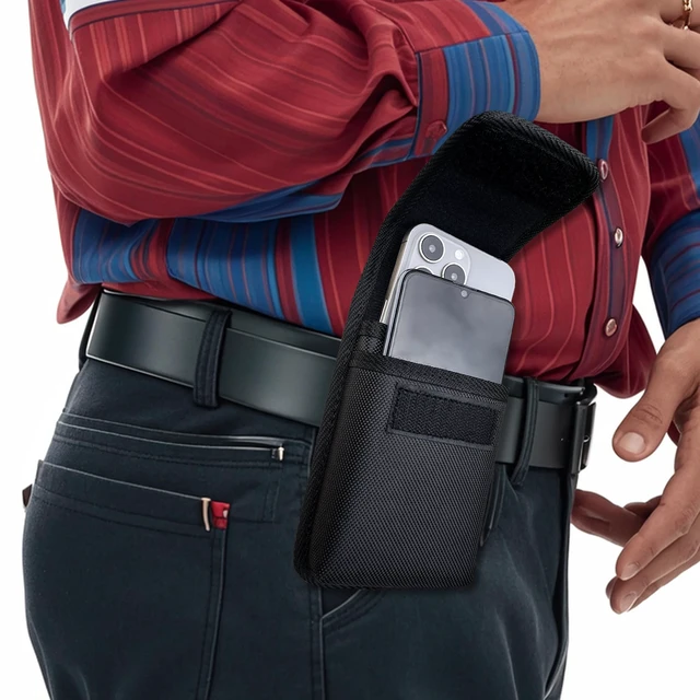 Alt view image 6 of 7 - Dual Phone Holder, Heavy-Duty Two Phone Holster, Double Phone Case with Sturdy Reinforced Belt Clip Waist Pouch for iPhone/Samsung Galaxy/Moto/Google Pixel Smartphones, Hook & Loop Closure-Black