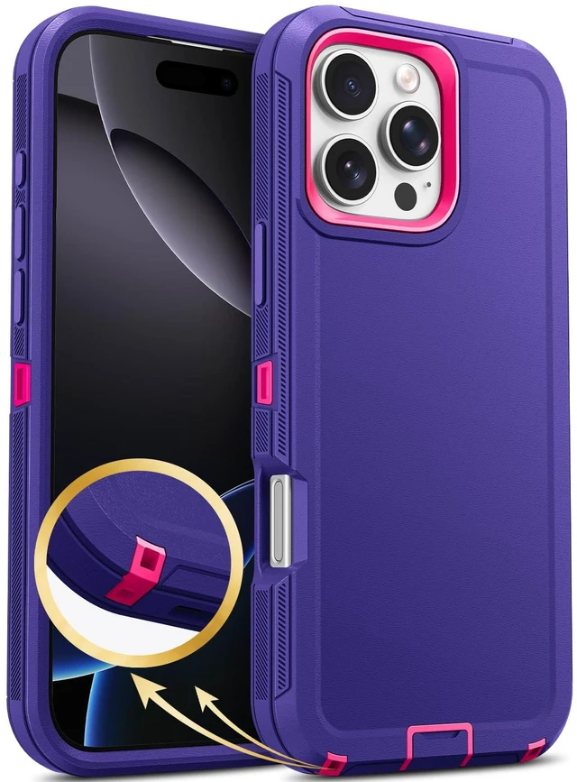 Main image of for iPhone 16 Pro Max Heavy Duty Tough Shockproof Case, Purple/Rose | Anti-Dust Port & Crossbody Strap Holes Design, Tough Protection Back Cover Cases For Outdoor Travel Commute Rugged Daily Use