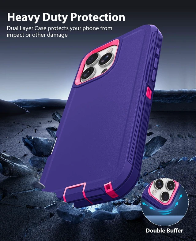 Alt view image 2 of 7 - for iPhone 16 Pro Max Heavy Duty Tough Shockproof Case, Purple/Rose | Anti-Dust Port & Crossbody Strap Holes Design, Tough Protection Back Cover Cases For Outdoor Travel Commute Rugged Daily Use