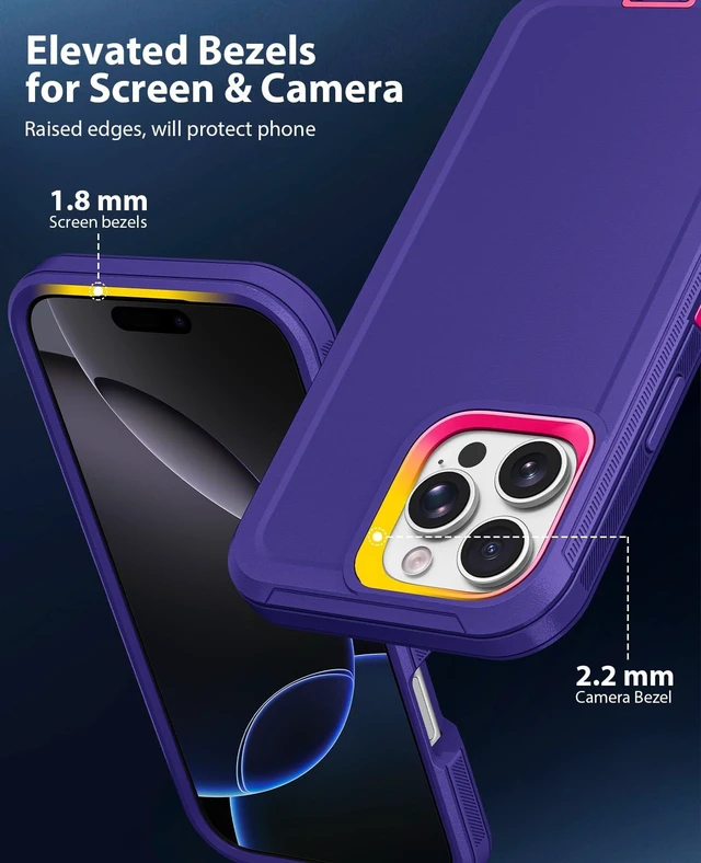 Alt view image 3 of 7 - for iPhone 16 Pro Max Heavy Duty Tough Shockproof Case, Purple/Rose | Anti-Dust Port & Crossbody Strap Holes Design, Tough Protection Back Cover Cases For Outdoor Travel Commute Rugged Daily Use