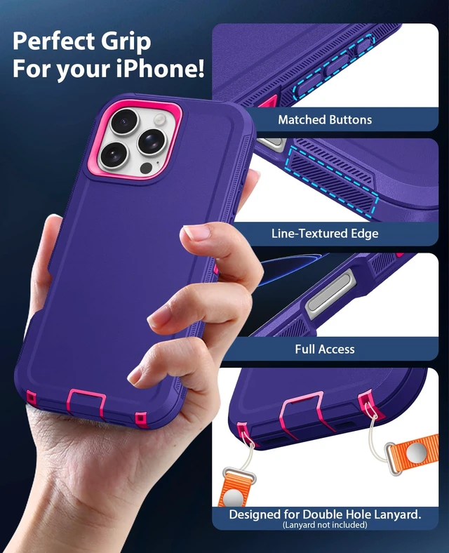 Alt view image 4 of 7 - for iPhone 16 Pro Max Heavy Duty Tough Shockproof Case, Purple/Rose | Anti-Dust Port & Crossbody Strap Holes Design, Tough Protection Back Cover Cases For Outdoor Travel Commute Rugged Daily Use