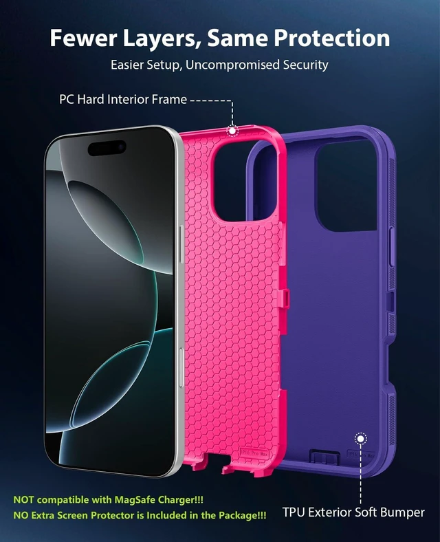 Alt view image 7 of 7 - for iPhone 16 Pro Max Heavy Duty Tough Shockproof Case, Purple/Rose | Anti-Dust Port & Crossbody Strap Holes Design, Tough Protection Back Cover Cases For Outdoor Travel Commute Rugged Daily Use